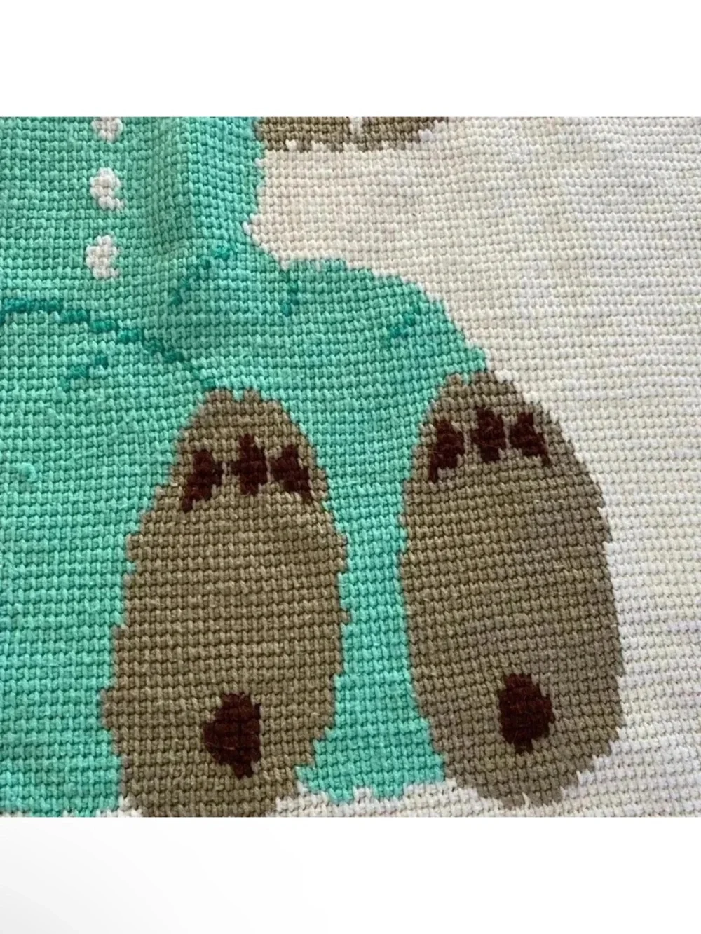 Vintage Crochet Knit Baby Teddy Bear Teal White Throw Nursery Crib Blanket